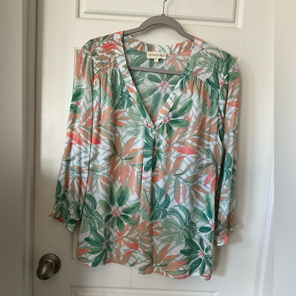 Cynthia Rowley Tropical Floral V-Neck Blouse - Green & Coral